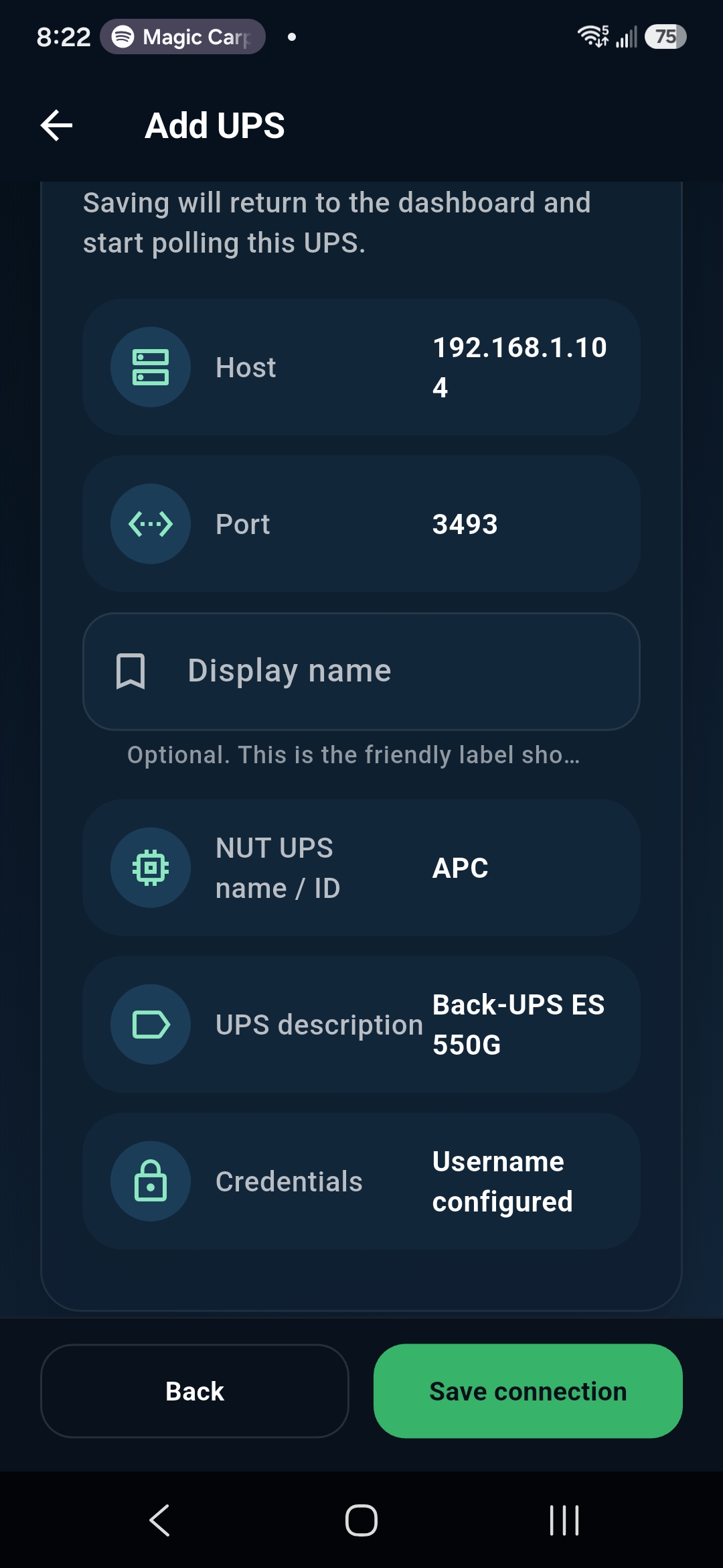 Final UPSLink connection review screen with the save action